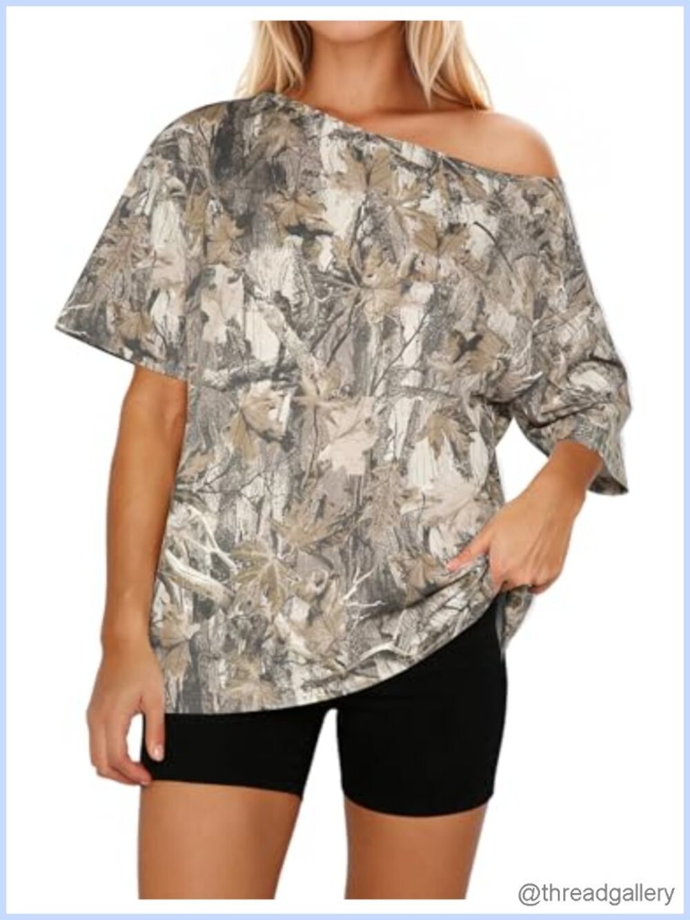 Women Off The Shoulder Camo Oversized Short Sleeve Tee Top